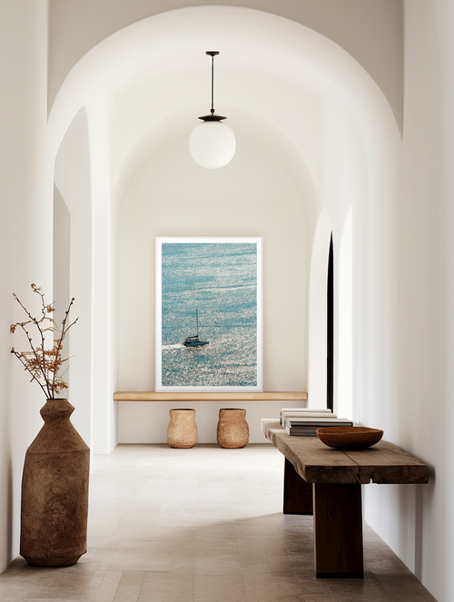 Atlantic Shimmer fine art print styled in a warm minimalist interior.