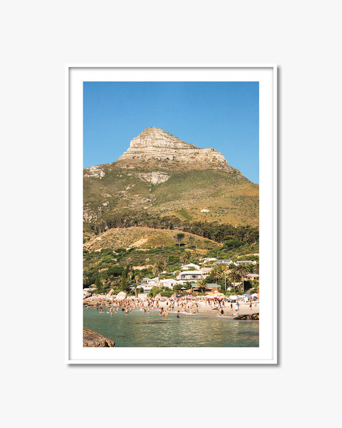 Framed photograph of a coastal scene with Lion's Head mountain and beach in Cape Town.