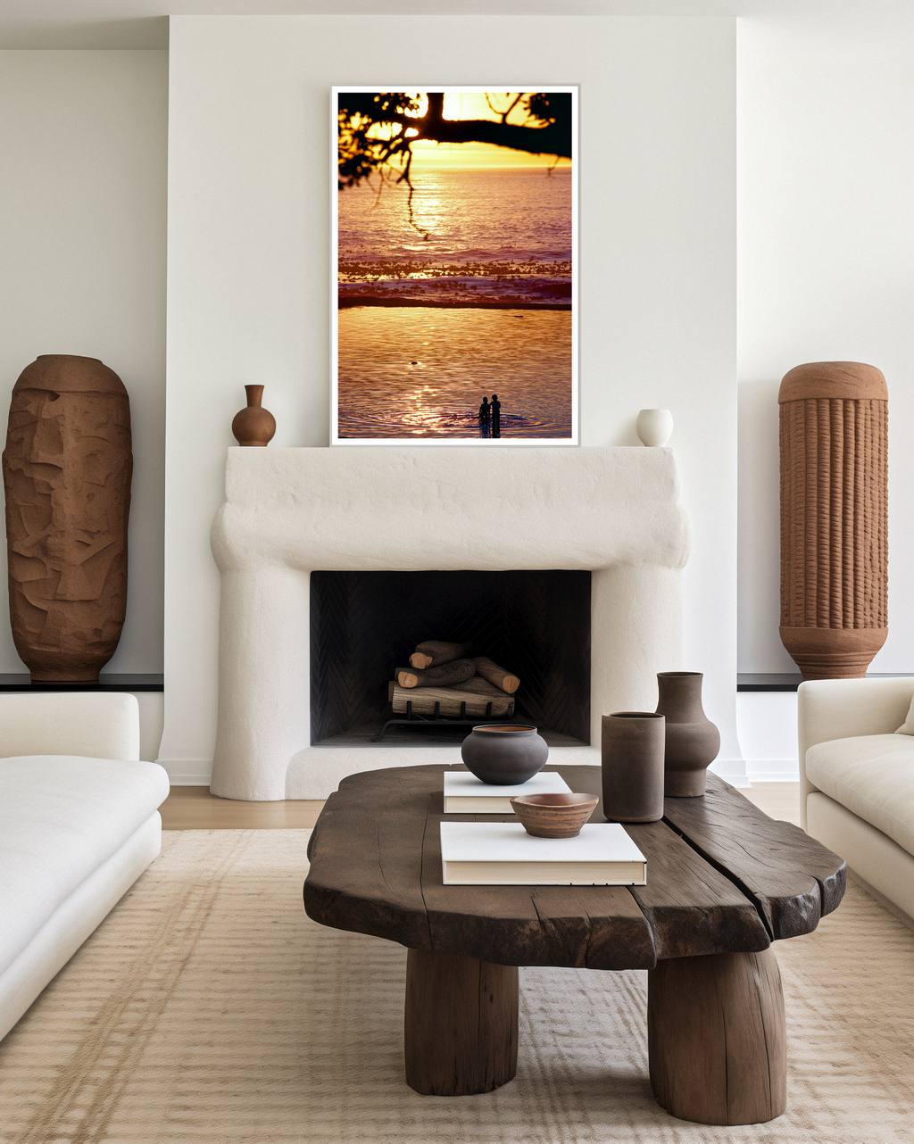 Living room with a fireplace, wooden coffee table, and decorative vases.