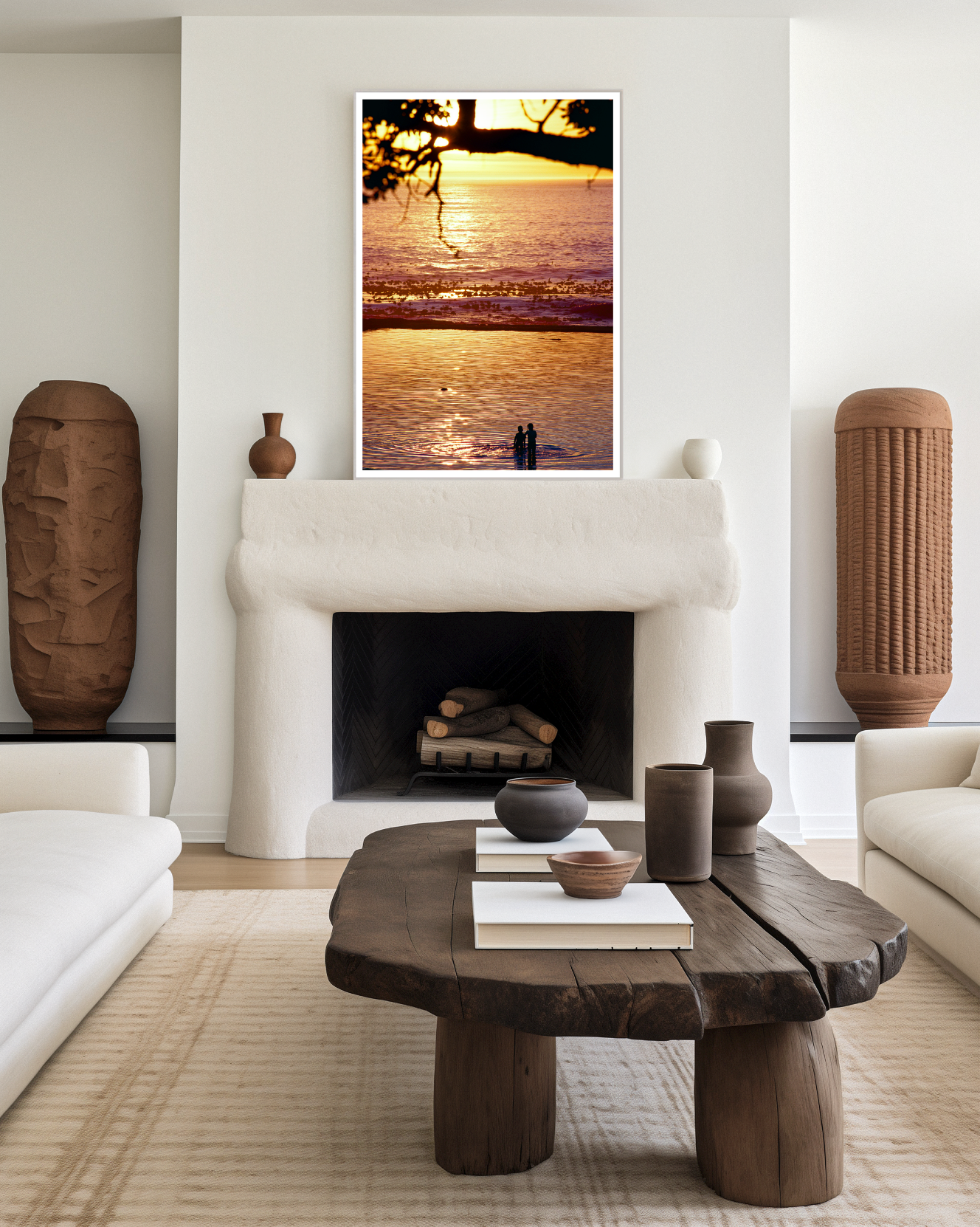 Living room with a fireplace, wooden coffee table, and decorative vases.