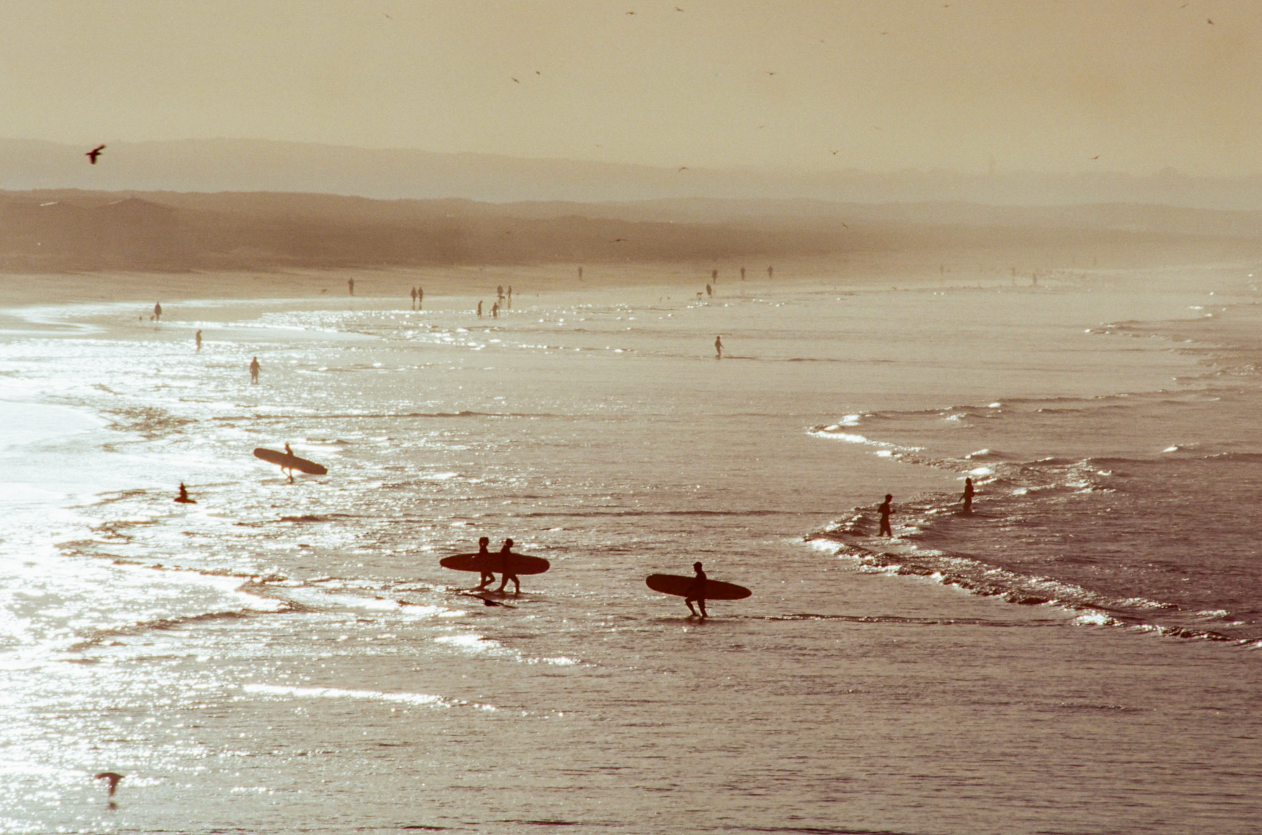 Silhouettes of surfers with boards on a beach with a distant mountain.